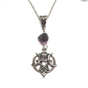 Gothic Pentagram Pendant Necklace Smoky Quartz Crystal Raw Stone Silver Tone